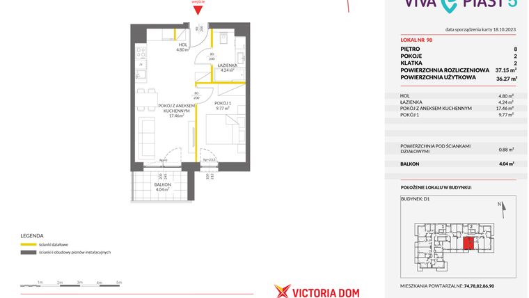 Rzut - Mieszkanie na sprzedaż 2 pokoje o powierzchni 37,21 m² - numer A.98 w Viva Piast 5