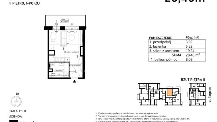 Rzut - Mieszkanie na sprzedaż 1 pokój o powierzchni 28,48 m² - numer M34 w Finezja