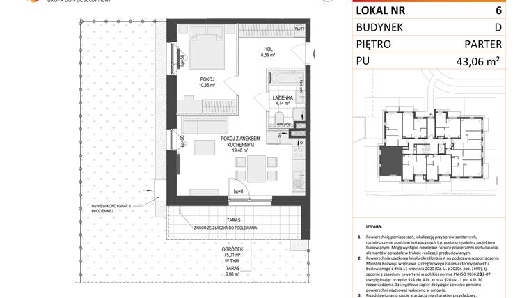 Rzut - Mieszkanie na sprzedaż 2 pokoje o powierzchni 43,06 m² - numer D.6 w Osiedle Warszawska etap II