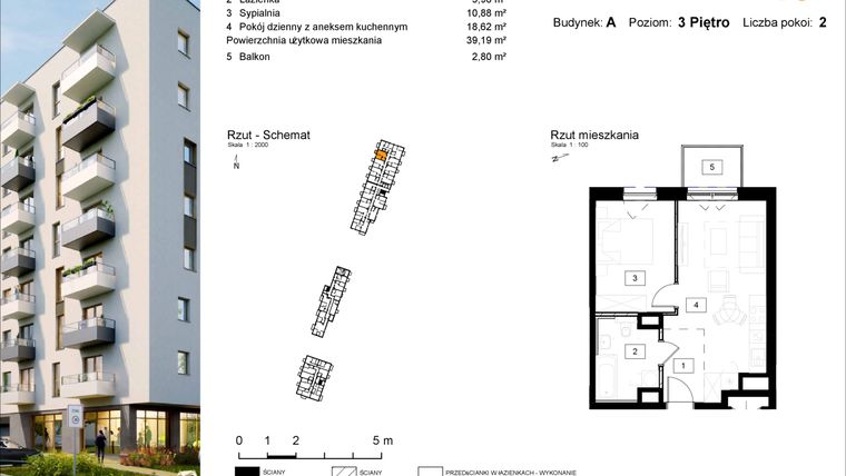 Rzut - Mieszkanie na sprzedaż 2 pokoje o powierzchni 39,99 m² - numer A.45 w Osiedle Kochanowskiego - Gliwice