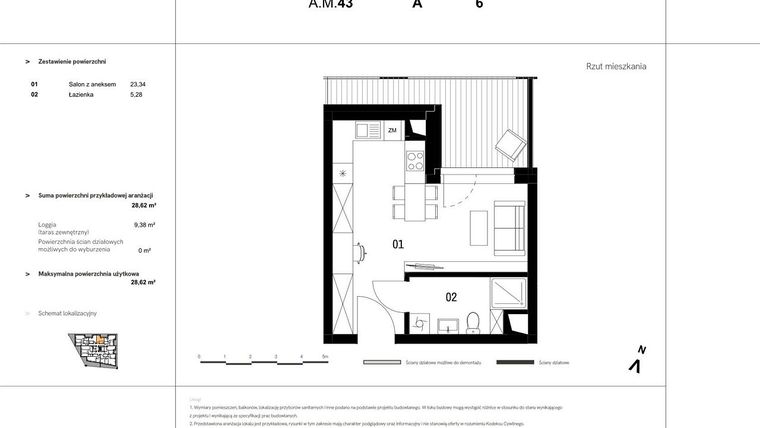 Rzut - Mieszkanie na sprzedaż 1 pokój o powierzchni 29,45 m² - numer A.M.43 w VIDOK