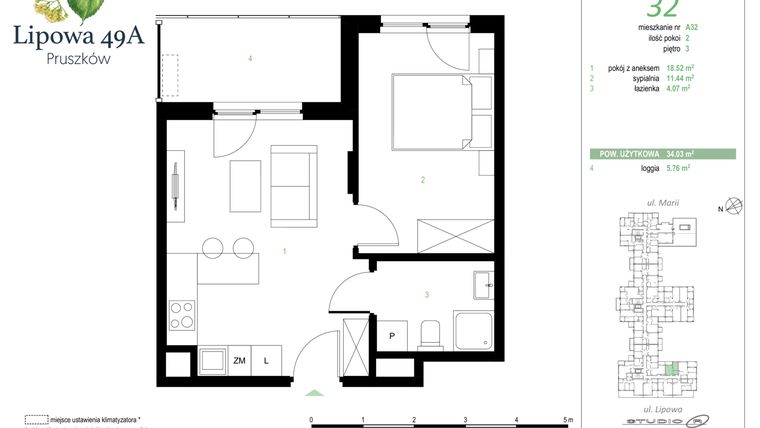 Rzut - Mieszkanie na sprzedaż 2 pokoje o powierzchni 34,03 m² - numer 32A w Lipowa 49A