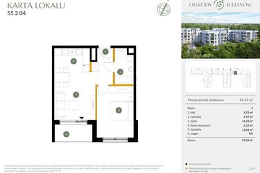 Rzut - Mieszkanie na sprzedaż 2 pokoje o powierzchni 43,15 m² - numer S5.2.04 w Ogrody Julianów