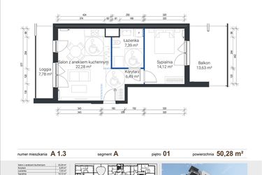 Rzut - Mieszkanie na sprzedaż 2 pokoje o powierzchni 50,28 m² - numer A 1.3 w Nowe Zabłocie