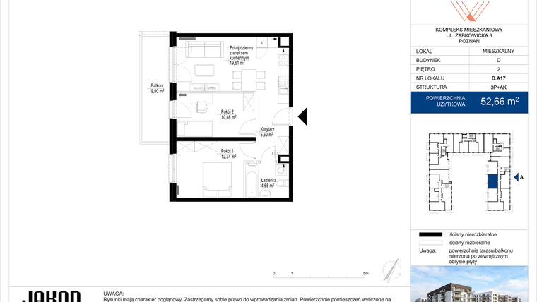 Rzut - Mieszkanie na sprzedaż 3 pokoje o powierzchni 52,66 m² - numer D.A17 w Wieruszowska D
