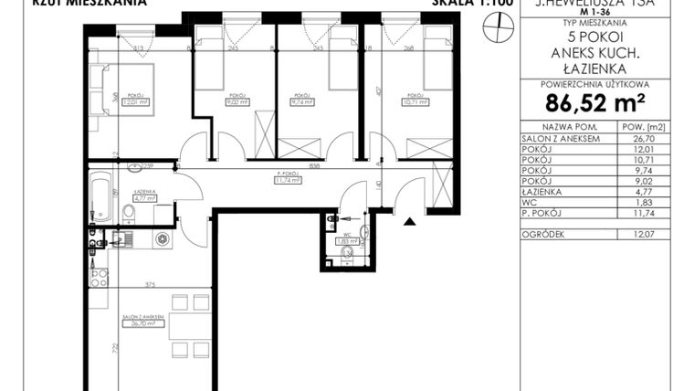 Rzut - Mieszkanie na sprzedaż 5 pokoi o powierzchni 86,52 m² - numer JAR-II-B-LM-M12 w Osiedle JAR Heweliusza etap II