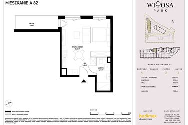 Rzut - Mieszkanie na sprzedaż 1 pokój o powierzchni 34,86 m² - numer A82 w Witosa Park