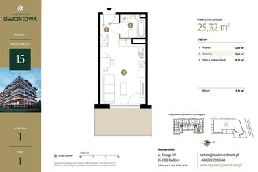 Rzut - Mieszkanie na sprzedaż 1 pokój o powierzchni 25,32 m² - numer M.15 w Rezydencja Świerkowa - etap II