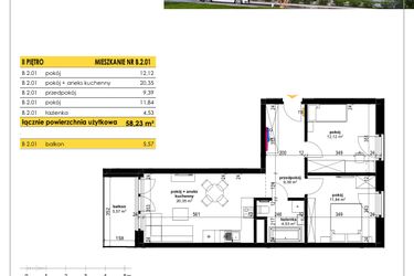 Rzut - Mieszkanie na sprzedaż 3 pokoje o powierzchni 58,23 m² - numer B 2.01 w Park Moniuszki II C