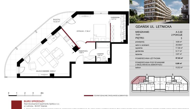 Rzut - Mieszkanie na sprzedaż 2 pokoje o powierzchni 57,92 m² - numer A.3.22 w Letnicka Residence