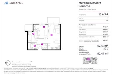 Rzut - Mieszkanie na sprzedaż 3 pokoje o powierzchni 52,47 m² - numer 15.A.3.4 w Murapol Siewierz Jeziorna
