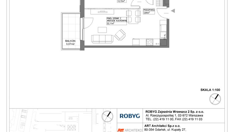 Rzut - Mieszkanie na sprzedaż 2 pokoje o powierzchni 42,75 m² - numer E.2M11 w Nowa Wałowa bud. E