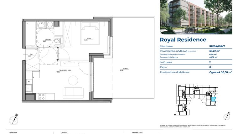 Rzut - Mieszkanie na sprzedaż 2 pokoje o powierzchni 39,22 m² - numer RR/6A/D/0/3 w Royal Residence 6A