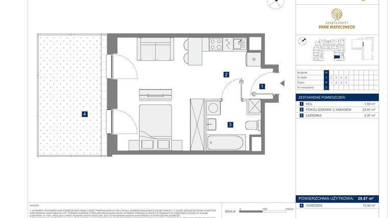 Rzut - Mieszkanie na sprzedaż 1 pokój o powierzchni 29,87 m² - numer H2 w Apartamenty Park Matecznego Etap 2.2