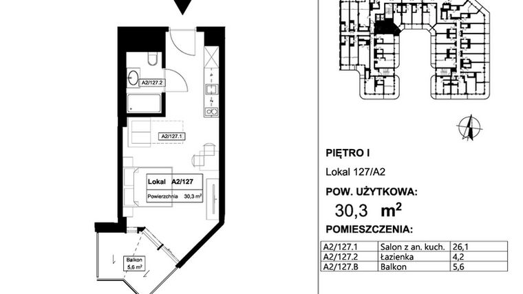 Rzut - Mieszkanie na sprzedaż 1 pokój o powierzchni 30,3 m² - numer 127 w Apollo Resort