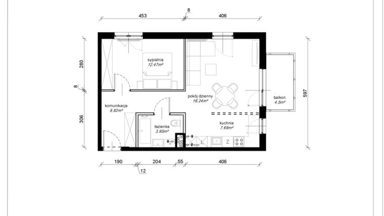 Rzut - Mieszkanie na sprzedaż 2 pokoje o powierzchni 49,09 m² - numer F.4.38.2k w Art.Teo etap 3