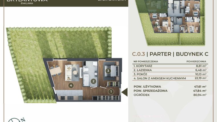 Rzut - Mieszkanie na sprzedaż 2 pokoje o powierzchni 47,61 m² - numer C.0.3 w Brylantowa Enklawa bud. C
