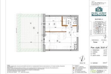 Rzut - Mieszkanie na sprzedaż 2 pokoje o powierzchni 35,61 m² - numer J1-6 w Park Leśny Rembertów etap VIII