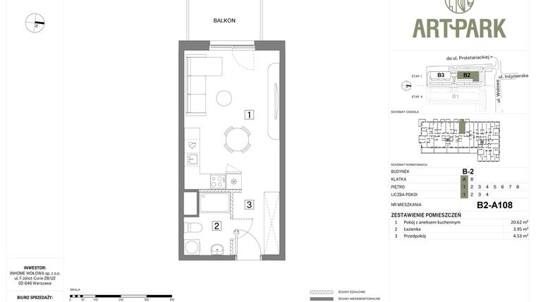Rzut - Mieszkanie na sprzedaż 1 pokój o powierzchni 29,1 m² - numer B.2.A108 w Inhome Osiedle ArtPark etap I