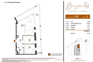 Rzut - Mieszkanie na sprzedaż 1 pokój o powierzchni 61,02 m² - numer AP.1.15 w Baysuites