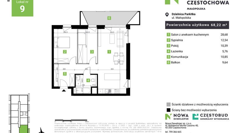 Rzut - Mieszkanie na sprzedaż 3 pokoje o powierzchni 68,22 m² - numer D9 w Nowa Częstochowa Małopolska etap II