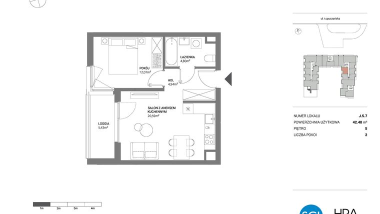 Rzut - Mieszkanie na sprzedaż 2 pokoje o powierzchni 42,4 m² - numer J.5.7 w Łopuszańska 47 - etap 3