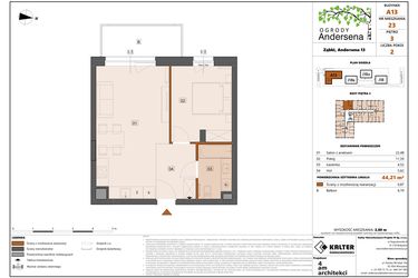 Rzut - Mieszkanie na sprzedaż 2 pokoje o powierzchni 44,21 m² - numer 23A w Ogrody Andersena