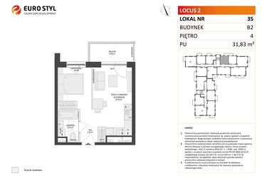 Rzut - Mieszkanie na sprzedaż 1 pokój o powierzchni 31,83 m² - numer 35 w Locus 2 bud. B2