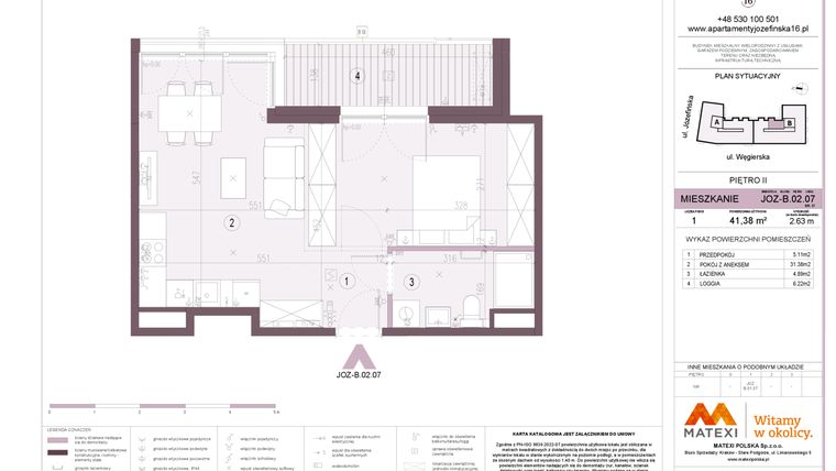 Rzut - Mieszkanie na sprzedaż 1 pokój o powierzchni 41,38 m² - numer B.02.07 w Apartamenty Józefińska
