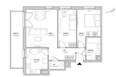 Rzut - Mieszkanie na sprzedaż 3 pokoje o powierzchni 62,96 m² - numer A.01.013 w Unii Lubelskiej Vita