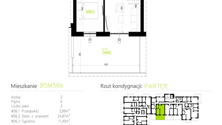 Rzut - Mieszkanie na sprzedaż 2 pokoje o powierzchni 44,5 m² - numer B5M56b w Osiedle Natura Park etap II