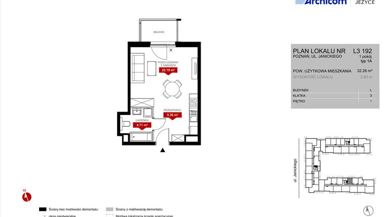 Rzut - Mieszkanie na sprzedaż 1 pokój o powierzchni 32,26 m² - numer L3.192 w Wieża Jeżyce etap VI
