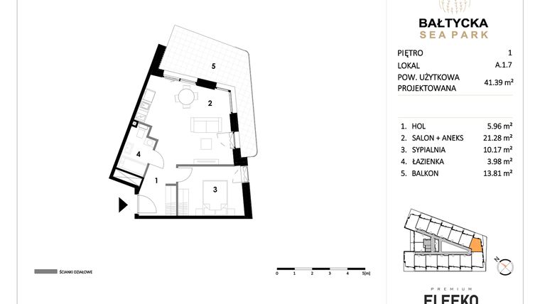 Rzut - Mieszkanie na sprzedaż 2 pokoje o powierzchni 41,39 m² - numer A.1.7 w Bałtycka Sea Park