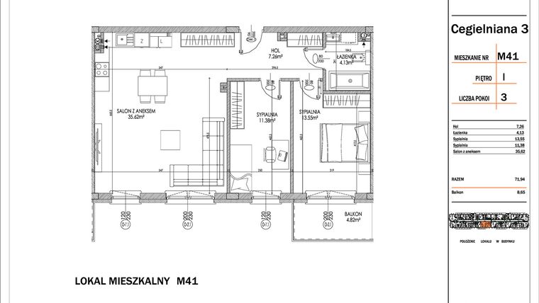 Rzut - Mieszkanie na sprzedaż 3 pokoje o powierzchni 71,94 m² - numer 41 w Osiedle StaLove etap I