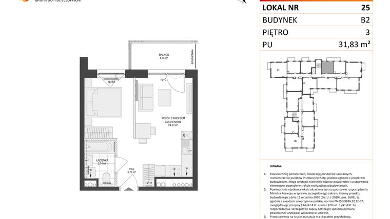 Rzut - Mieszkanie na sprzedaż 1 pokój o powierzchni 31,83 m² - numer 25 w Locus 2 bud. B2