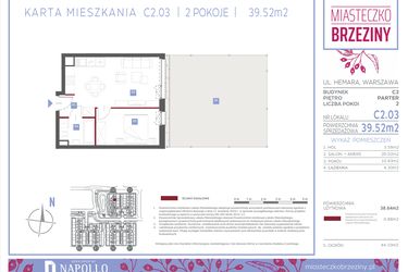 Rzut - Mieszkanie na sprzedaż 2 pokoje o powierzchni 39,52 m² - numer C2.03 w Miasteczko Brzeziny II