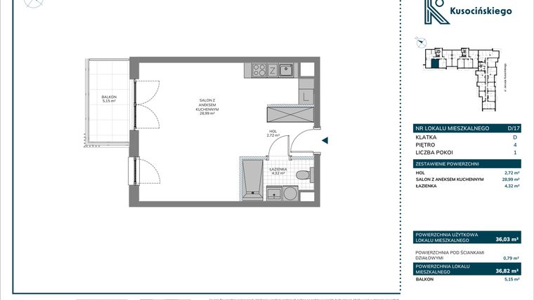 Rzut - Mieszkanie na sprzedaż 2 pokoje o powierzchni 36,82 m² - numer D/17 w Kusocińskiego - Budynek B