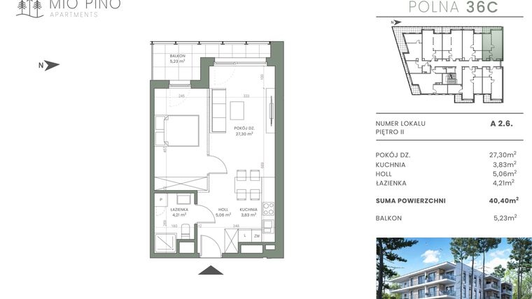 Rzut - Mieszkanie na sprzedaż 2 pokoje o powierzchni 40,4 m² - numer 2.6 w Mio Pino