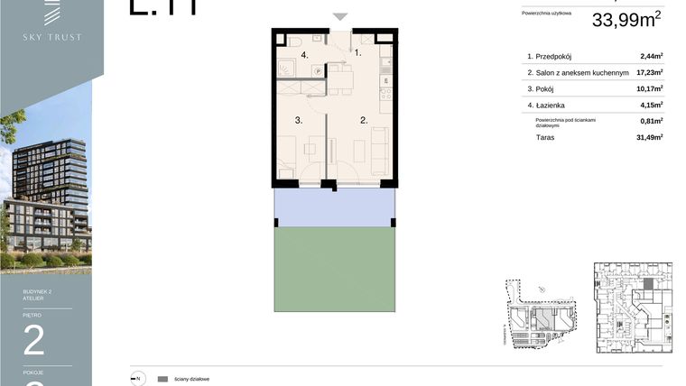 Rzut - Mieszkanie na sprzedaż 2 pokoje o powierzchni 34,8 m² - numer L11 w Sky Trust etap II - apartamenty inwestycyjne 23% VAT PRS