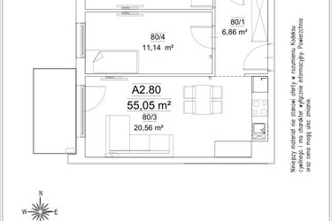Rzut - Mieszkanie na sprzedaż 3 pokoje o powierzchni 55,05 m² - numer 5B/80 w FORTnatura etap II