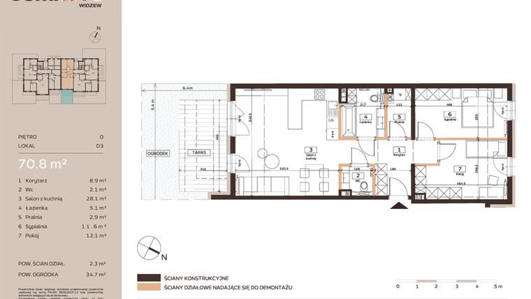 Rzut - Mieszkanie na sprzedaż 3 pokoje o powierzchni 70,8 m² - numer D3 w Domkove Widzew