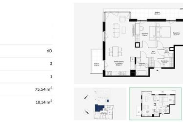 Rzut - Mieszkanie na sprzedaż 3 pokoje o powierzchni 75,54 m² - numer 6D0107 w Jaśminowy Mokotów etap VI