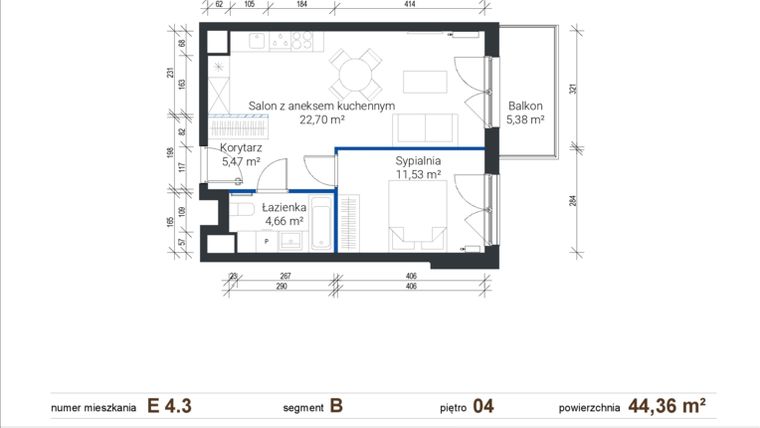 Rzut - Mieszkanie na sprzedaż 2 pokoje o powierzchni 44,36 m² - numer E 4.3 w Nowe Zabłocie