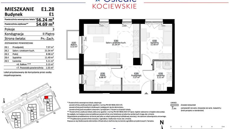 Rzut - Mieszkanie na sprzedaż 3 pokoje o powierzchni 54,69 m² - numer E1.28 w Osiedle Kociewskie bud. E