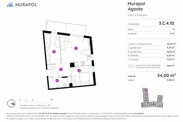 Rzut - Mieszkanie na sprzedaż 1 pokój o powierzchni 54 m² - numer 3.C.4.10 w Murapol Agosto