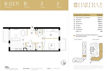 Rzut - Mieszkanie na sprzedaż 3 pokoje o powierzchni 71,74 m² - numer B.03.11 w Hallera 140