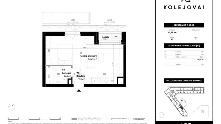 Rzut - Mieszkanie na sprzedaż 1 pokój o powierzchni 30,68 m² - numer C-02-09 w Kolejova 1