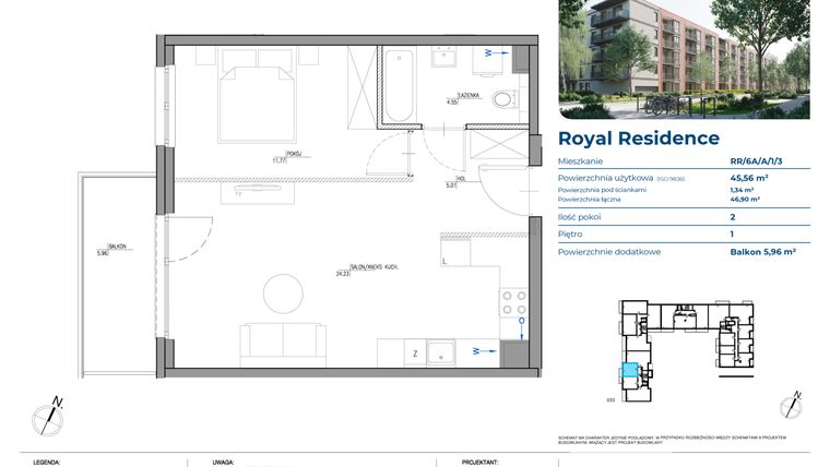 Rzut - Mieszkanie na sprzedaż 2 pokoje o powierzchni 45,82 m² - numer RR/6A/A/1/3 w Royal Residence 6A
