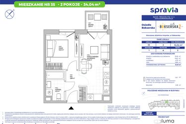 Rzut - Mieszkanie na sprzedaż 2 pokoje o powierzchni 34,04 m² - numer B1.35 w Osiedle Bokserska 2