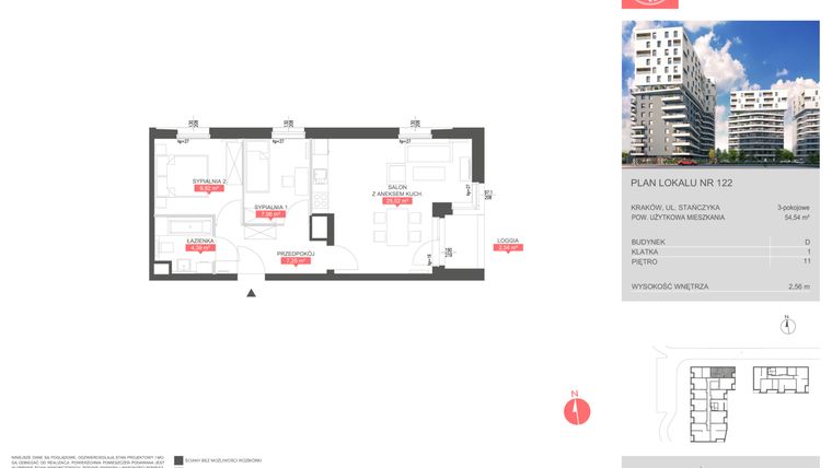 Rzut - Mieszkanie na sprzedaż 3 pokoje o powierzchni 54,54 m² - numer D.122 w Osiedle KRK - etap II